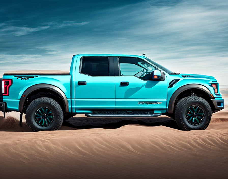 Bright Blue Pickup Truck with Off-Road Tires Parked on Sand