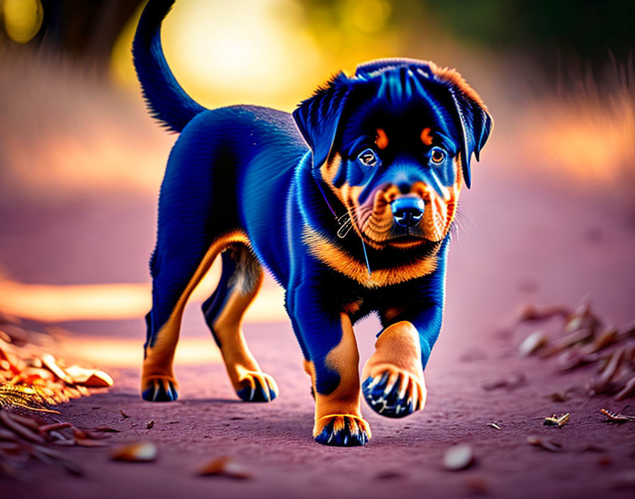 Rottweiler puppy on dirt path in warm sunlight