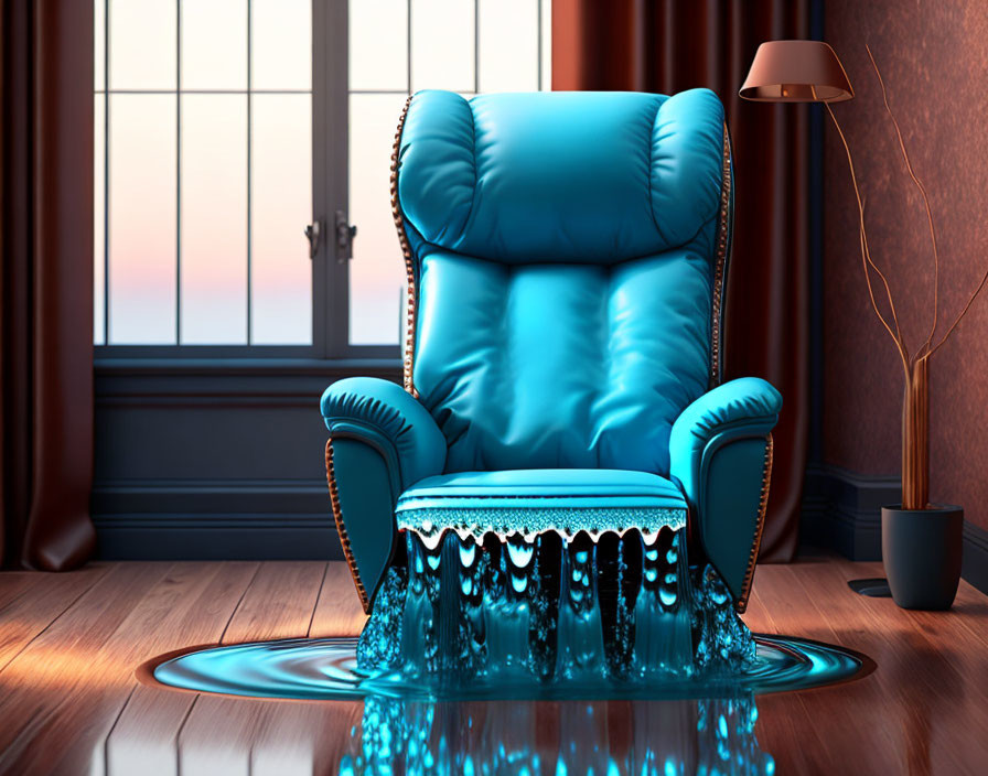 Blue armchair with melting effect on wooden floor near tall window and floor lamp.