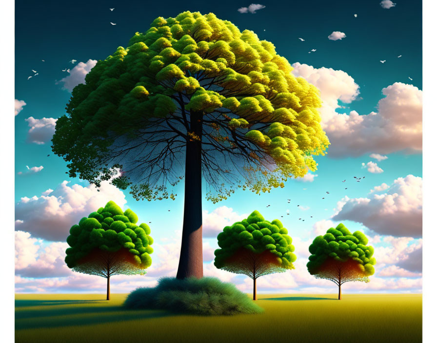 Colorful nature scene with central tree, smaller trees, and birds under blue sky.