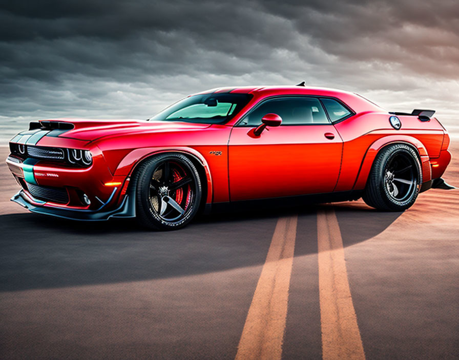 Red and Black Dodge Challenger Hellcat with Racing Stripes on Asphalt Road