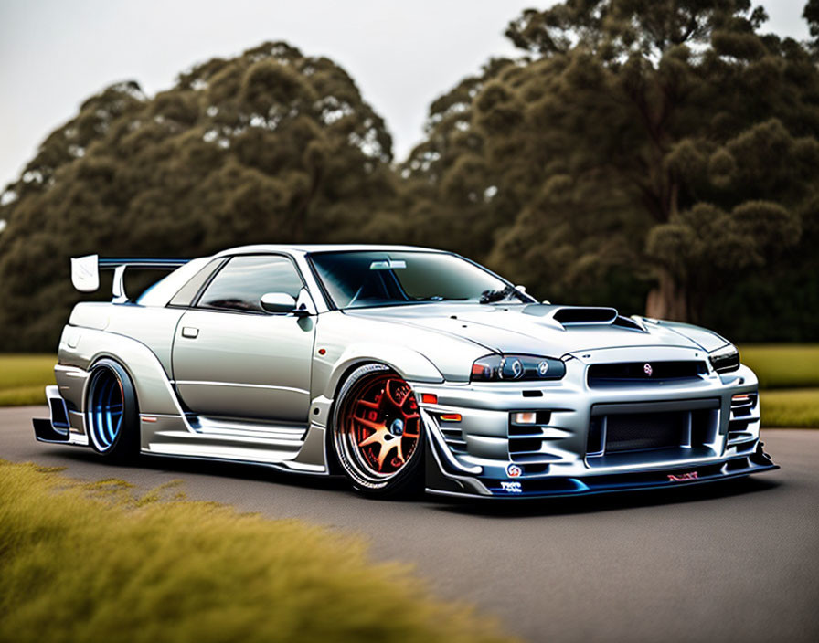 Silver sports car with rear wing, blue accents, and red wheels on asphalt and grass background