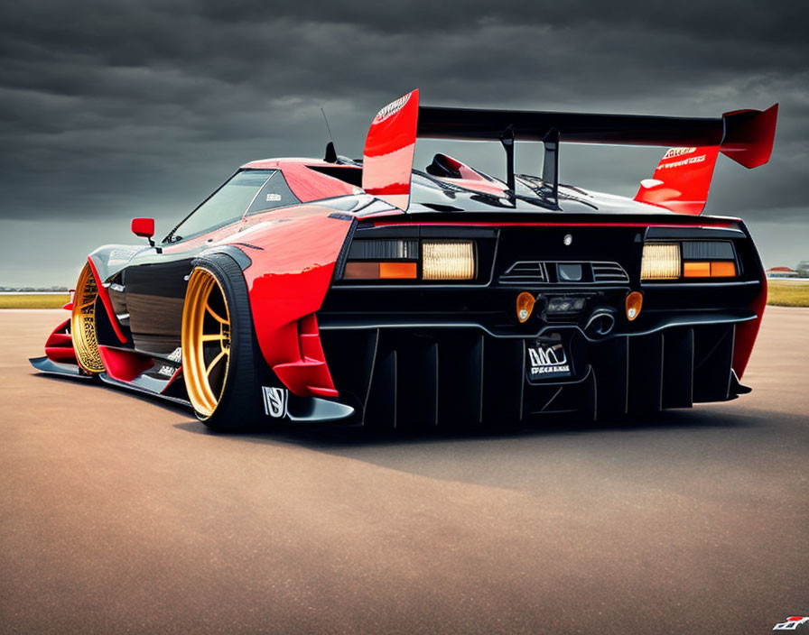 Red and Black Modified Sports Car with Large Rear Wing and Gold Wheels