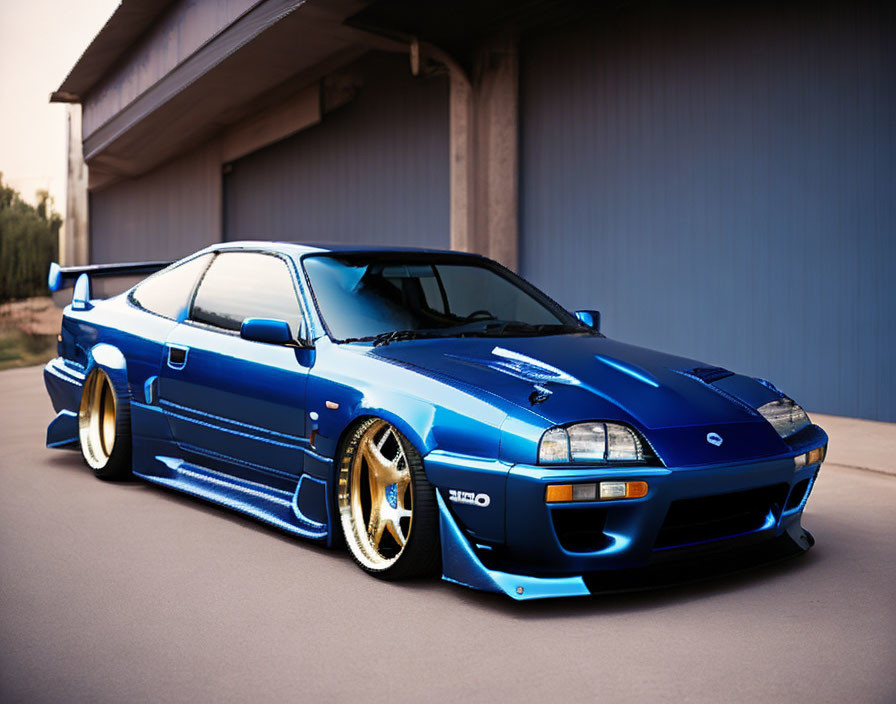 Vibrant Blue Sports Car with Gold Rims and Body Kit Parked by Building