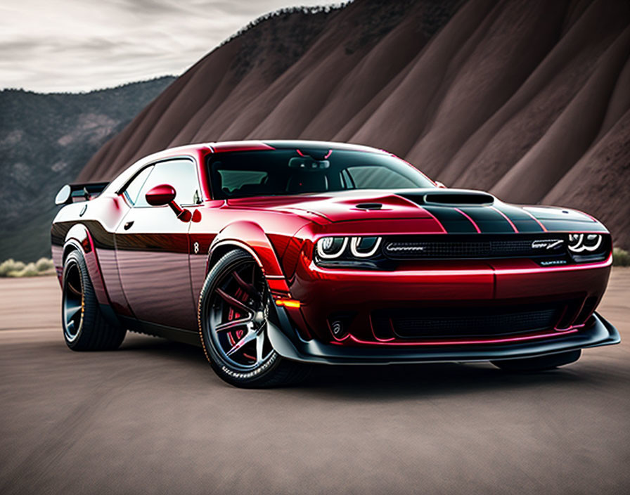 Red Sports Car with Black Stripes on Road with Mountain Background