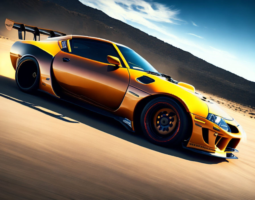 Yellow Sports Car with Black Accents Speeding in Desert Landscape