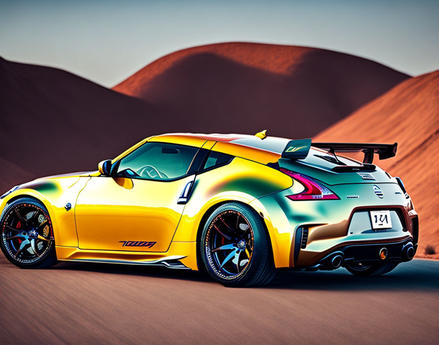 Yellow Sports Car with Rear Spoiler and Custom Rims on Desert Road