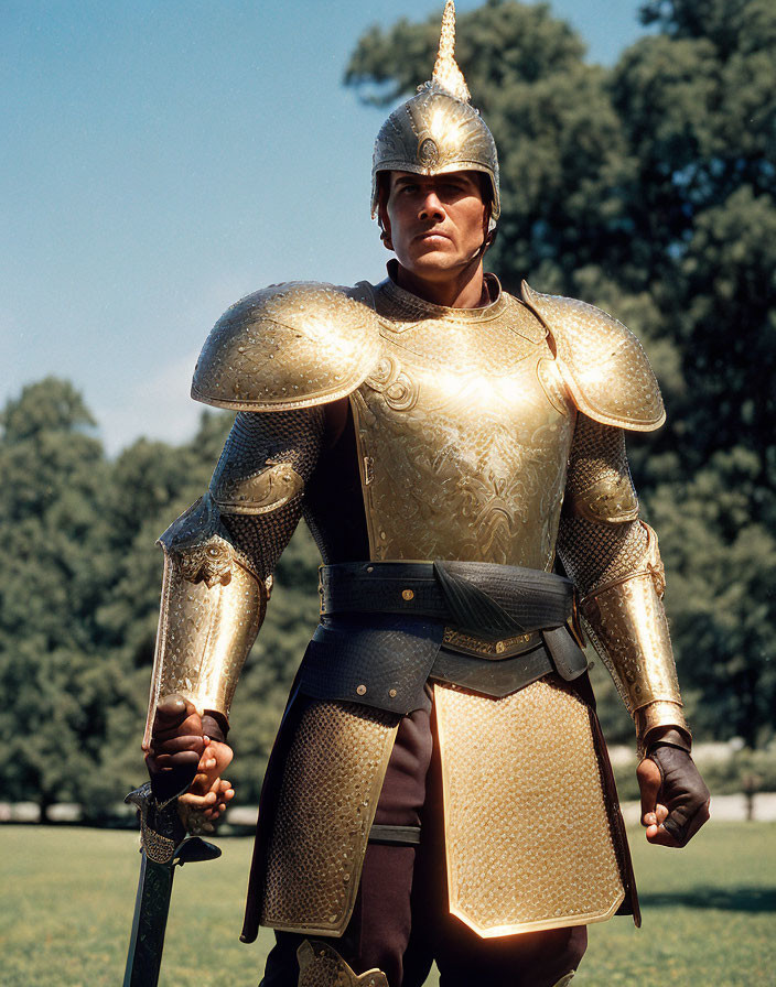 Medieval knight in armor with sword outdoors on sunny day