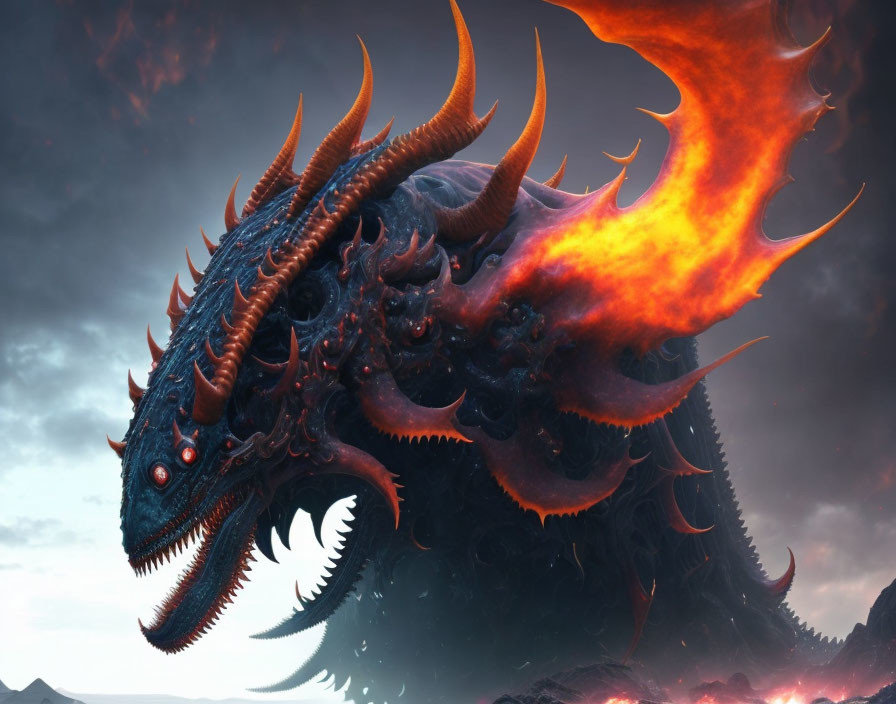 Fiery-winged dragon with horns and red eyes breathing fire at dusk