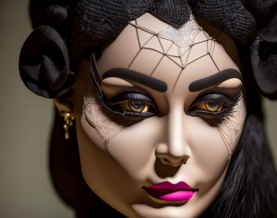 Stylized female doll face with dramatic makeup and spiderweb motif