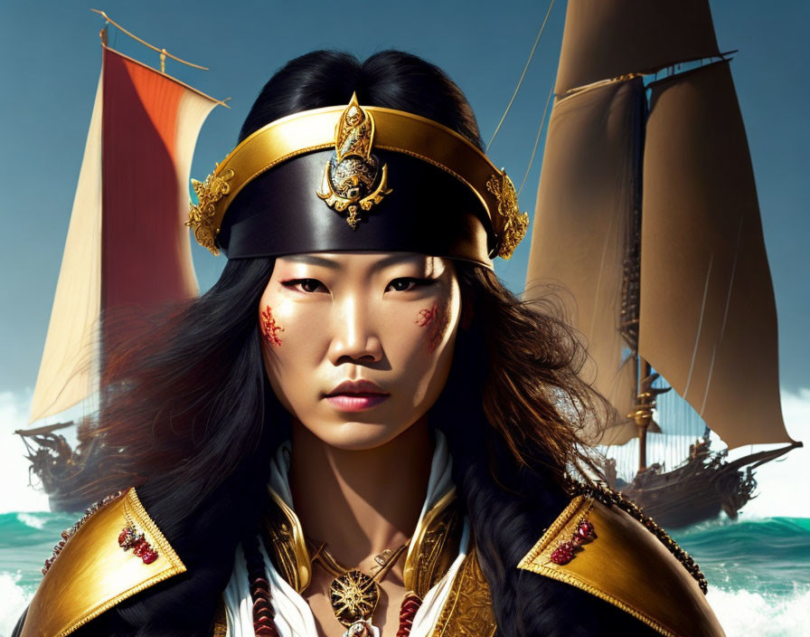 Asian female pirate portrait with headband, intense gaze, and sea backdrop