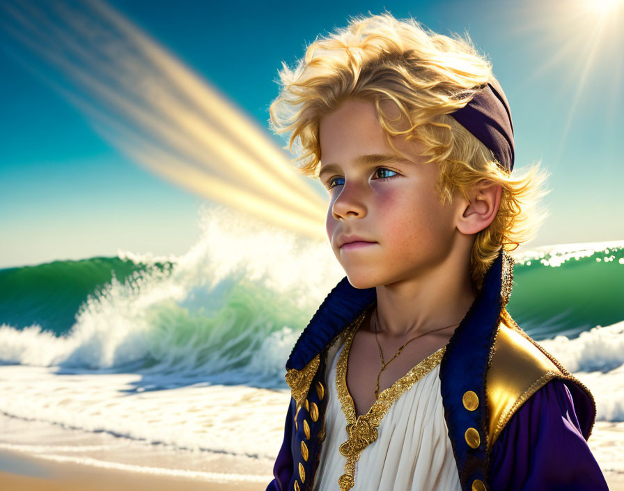 Curly Blond-Haired Boy Dressed as Pirate by the Sea