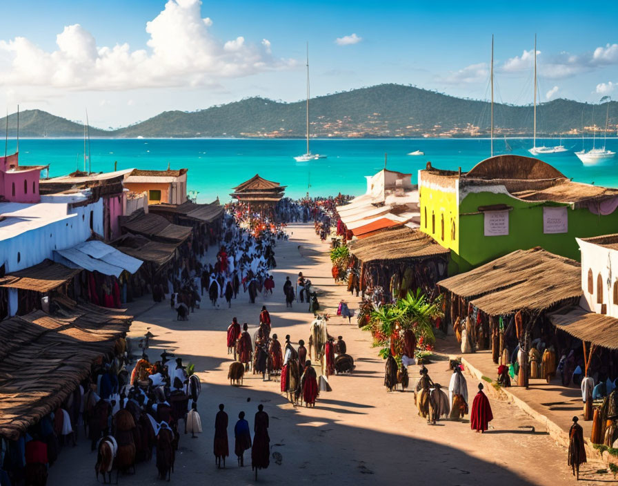 Historical market street by beach with colorful buildings.