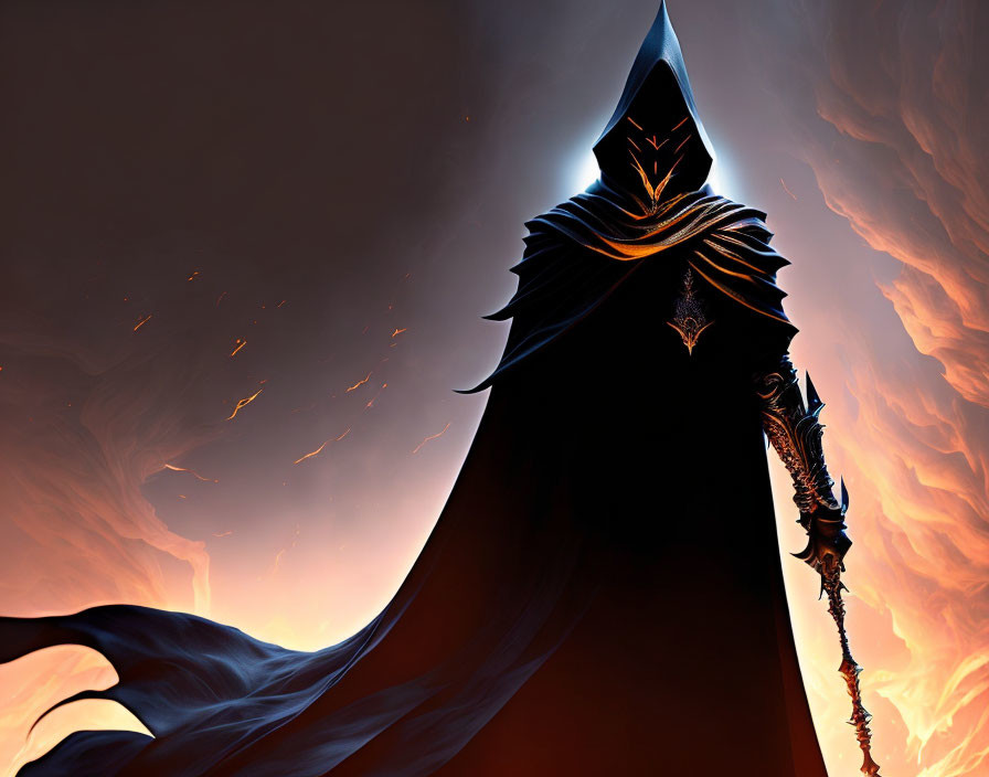 Mysterious Figure in Dark Robe with Staff Against Fiery Sky