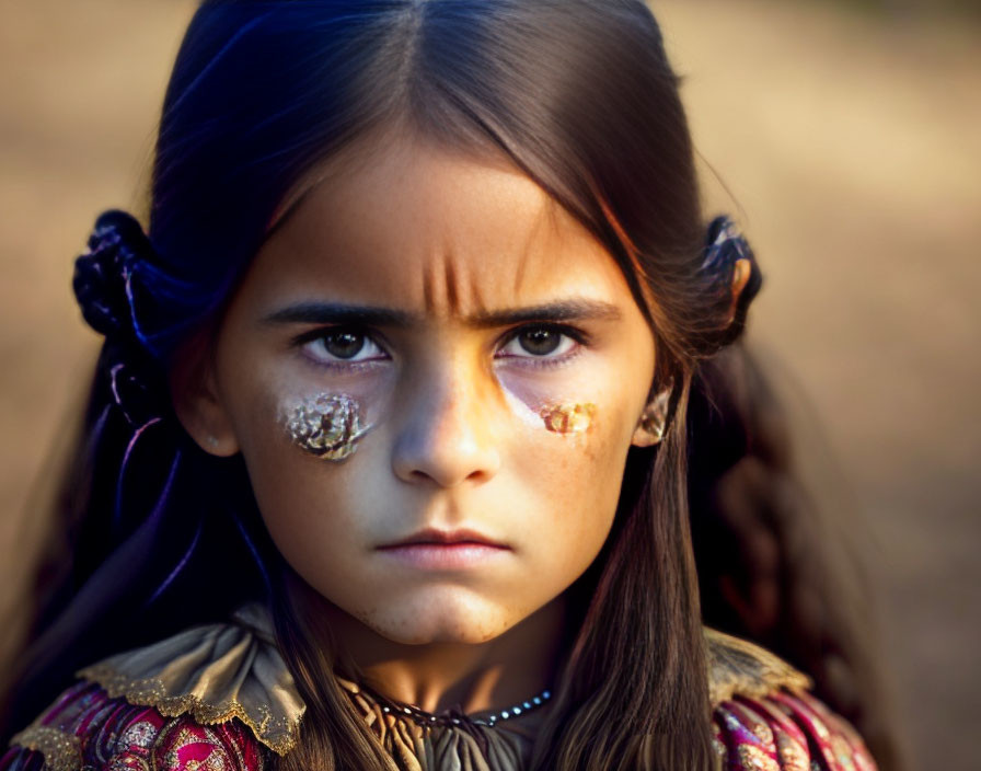 Intense gaze of young girl in traditional attire with face paint and pigtails