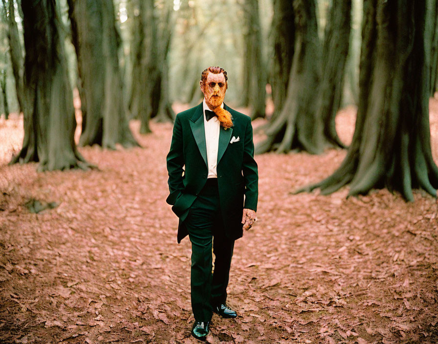 Person in Black Tuxedo with Bear Mask in Forest Setting