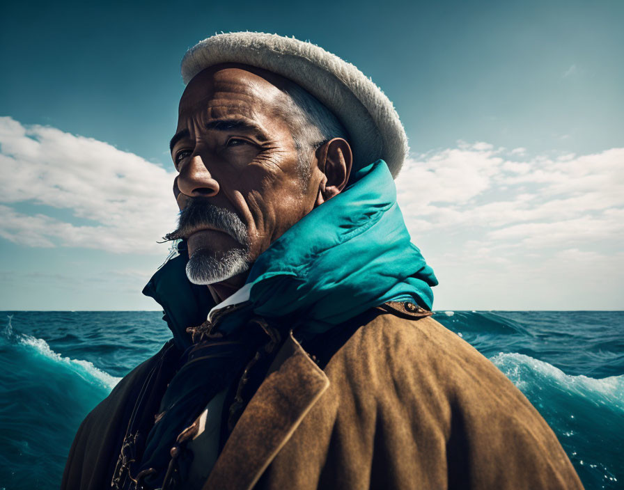 Elder man with white beard and beret gazing at ocean and cloudy sky