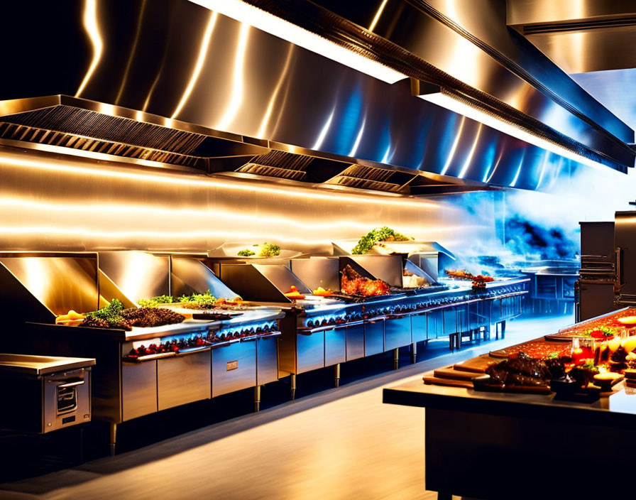 Modern Commercial Kitchen with Stainless Steel Appliances and Fresh Ingredients