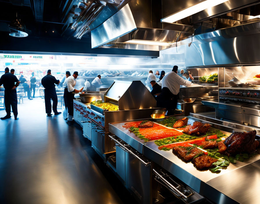 Busy Commercial Kitchen with Chefs, Stainless Steel Appliances, Raw Meats, and Fresh Greens