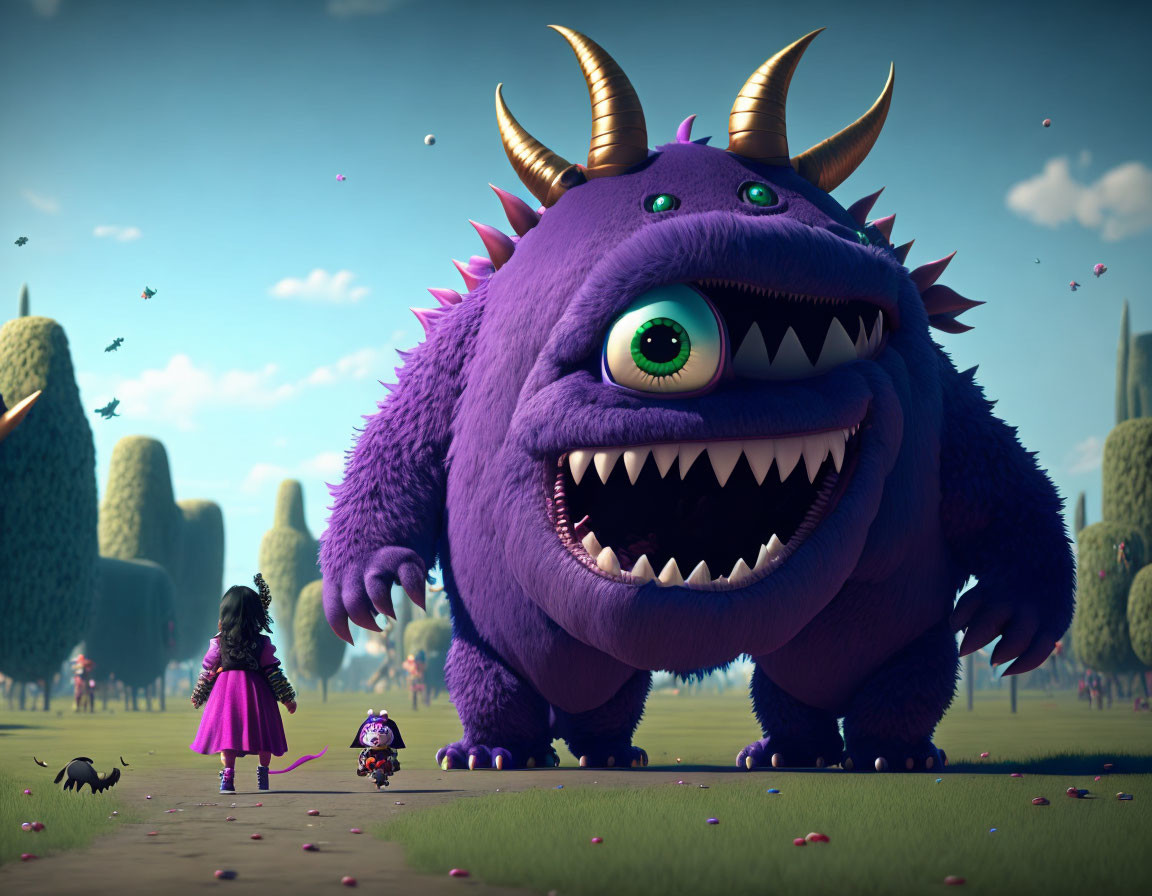 Pink-dressed girl, small robot, and purple monster in whimsical scene