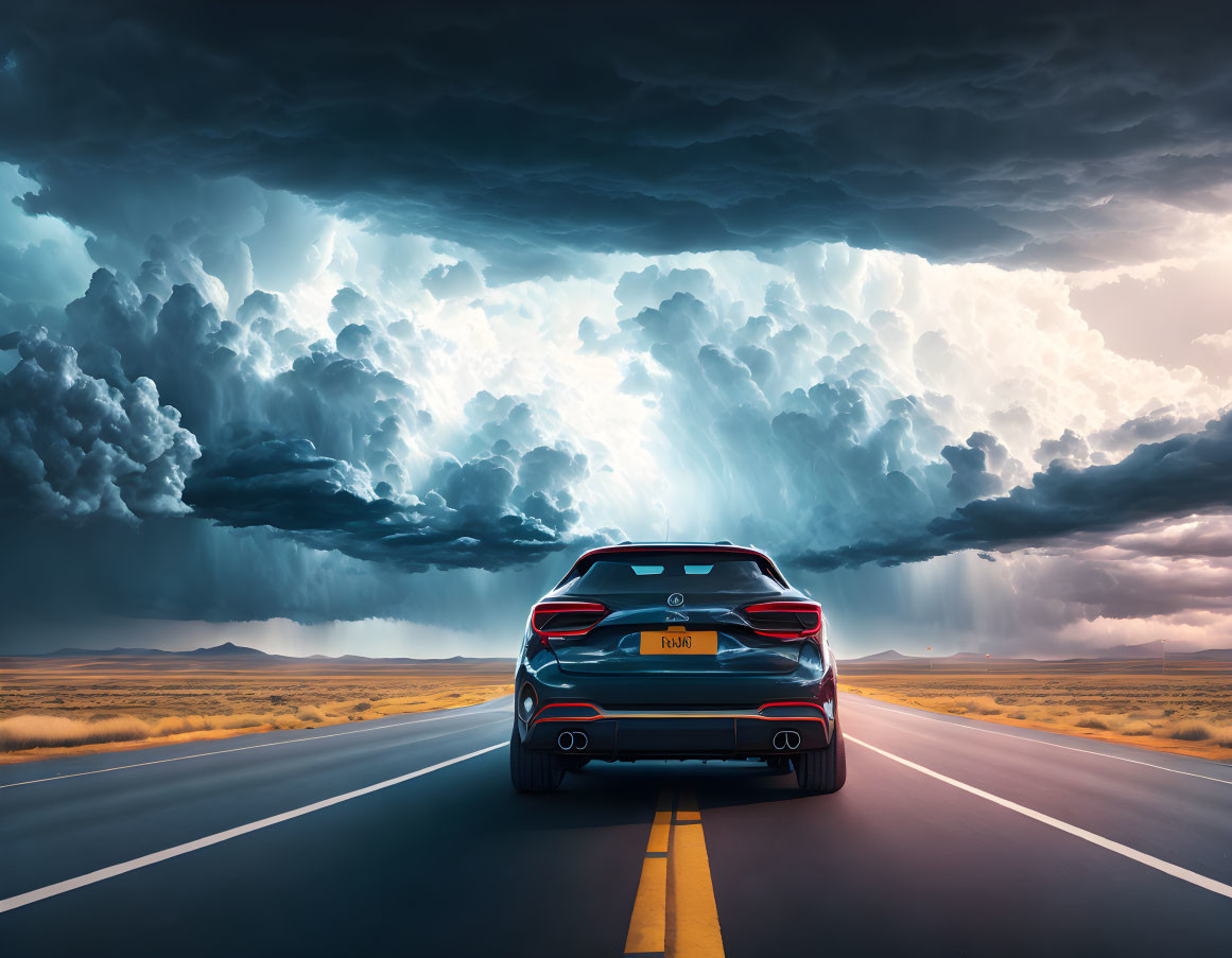 Blue Car Drives on Desolate Highway Towards Dramatic Storm