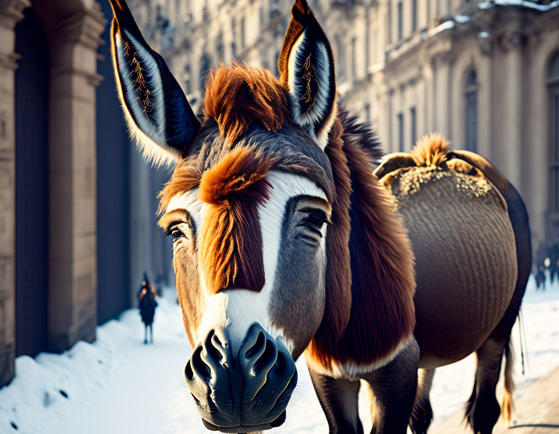 Close-up of donkey's face with pointed ears against snowy cityscape.