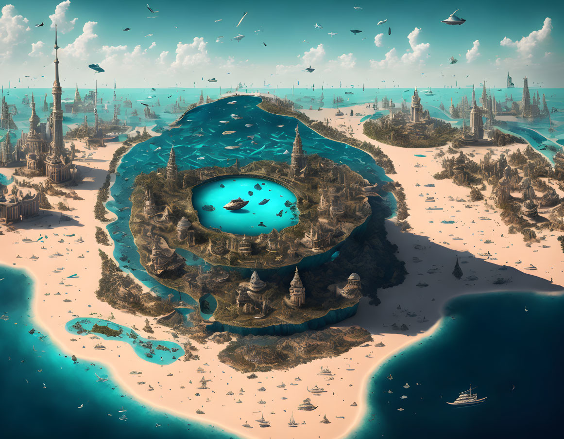 Futuristic cityscape with circular water body, flying vehicles, and ships.