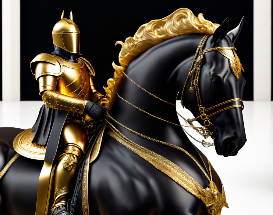 Golden-armored Knight on Black Horse with Luxurious Mane