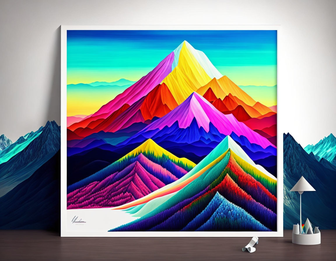 Colorful Mountains Digital Painting with Layered Texture Displayed on Wall