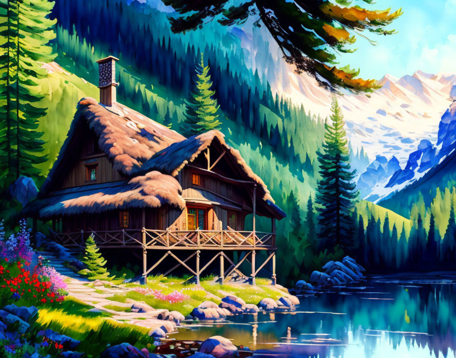 Scenic illustration of cozy cabin by serene lake surrounded by lush forests, mountains, and vibrant flowers.