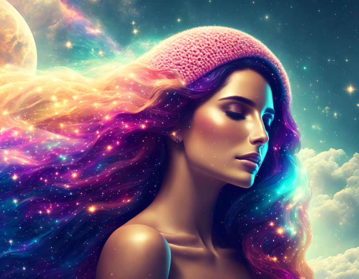 Woman with Vibrant Galaxy Hair and Pink Beret on Cosmic Background