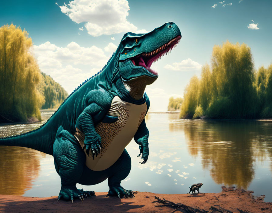 Blue Tyrannosaurus Rex by Riverbank with Small Dinosaur in Digital Art