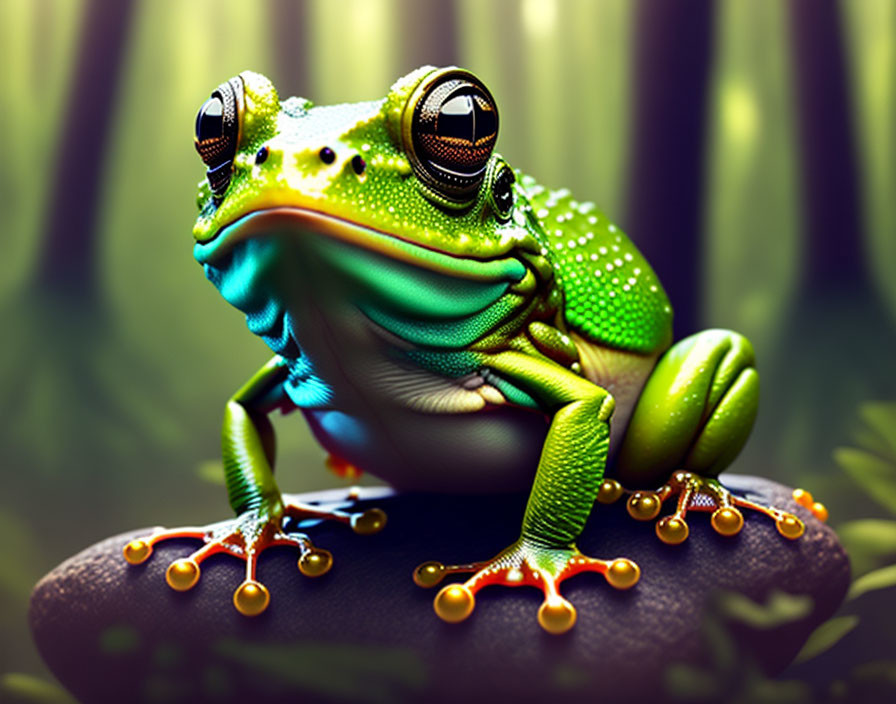 Colorful Green Frog with Black Eyes and Orange Legs on Stone in Forest Setting