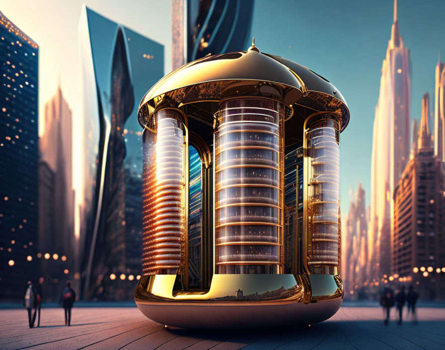 Futuristic golden elevator in urban sunset scene