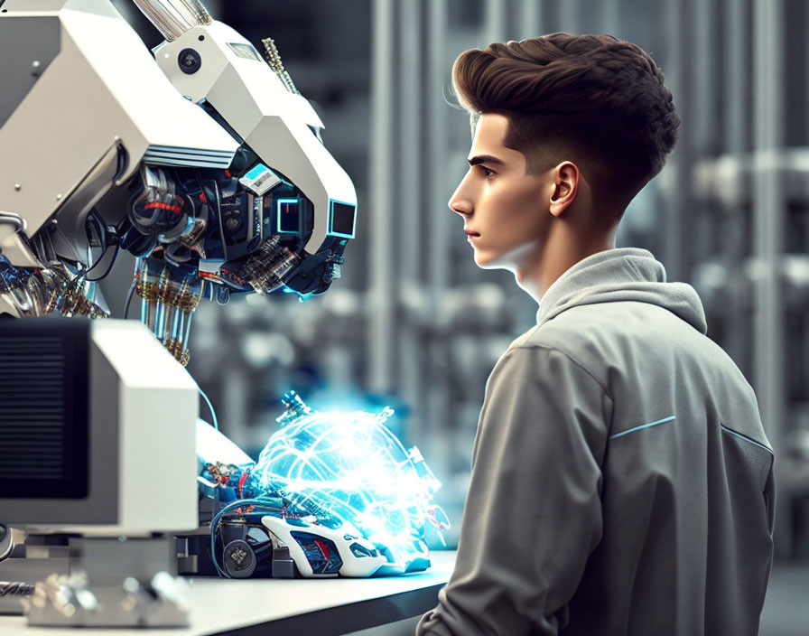 Young man with stylish haircut getting neural interface from robot in futuristic lab.