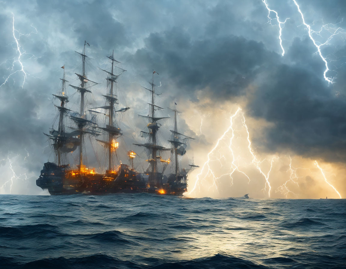 Tall ship in stormy sea with lightning strikes