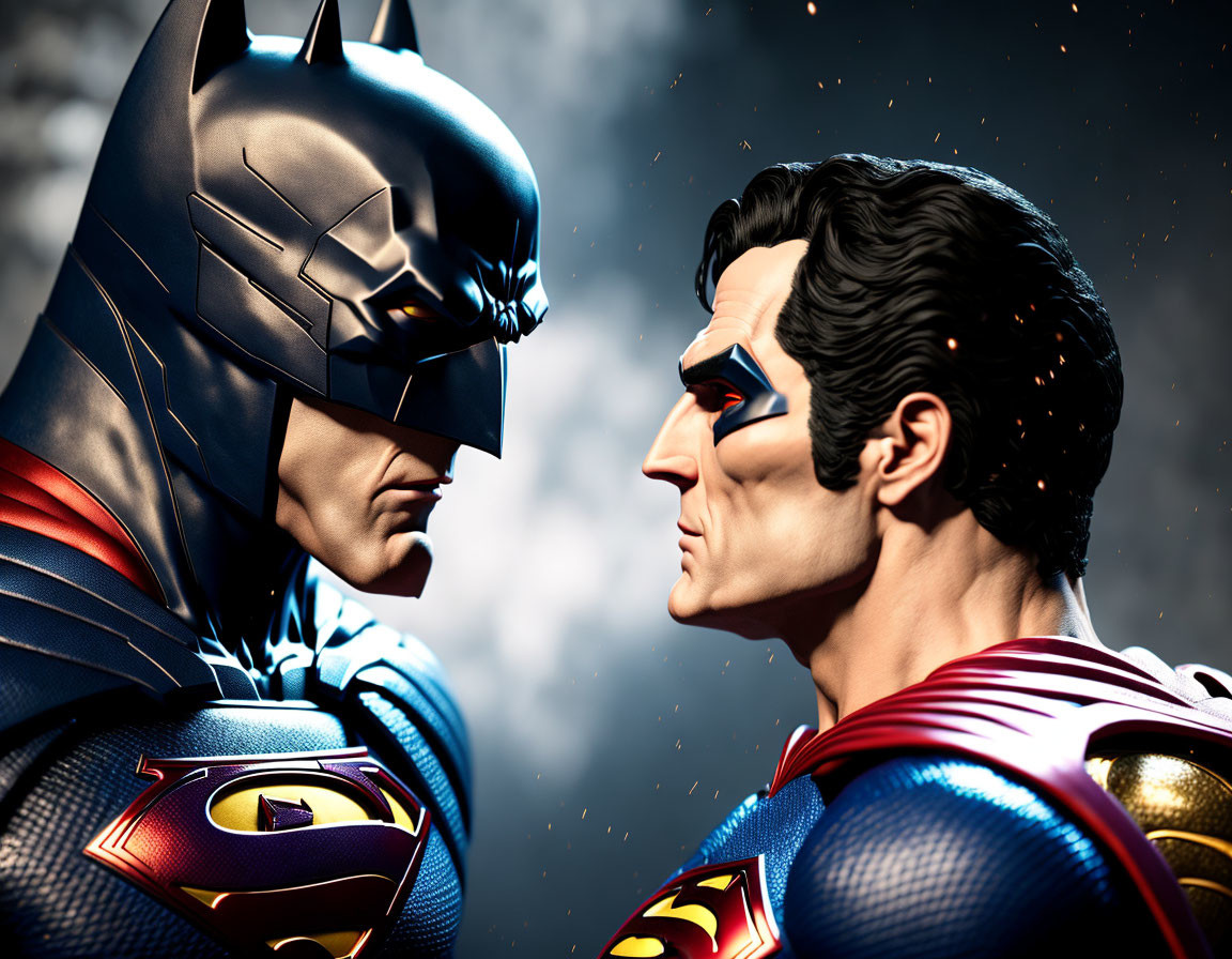 Superheroes Batman and Superman intense close-up face-off scene