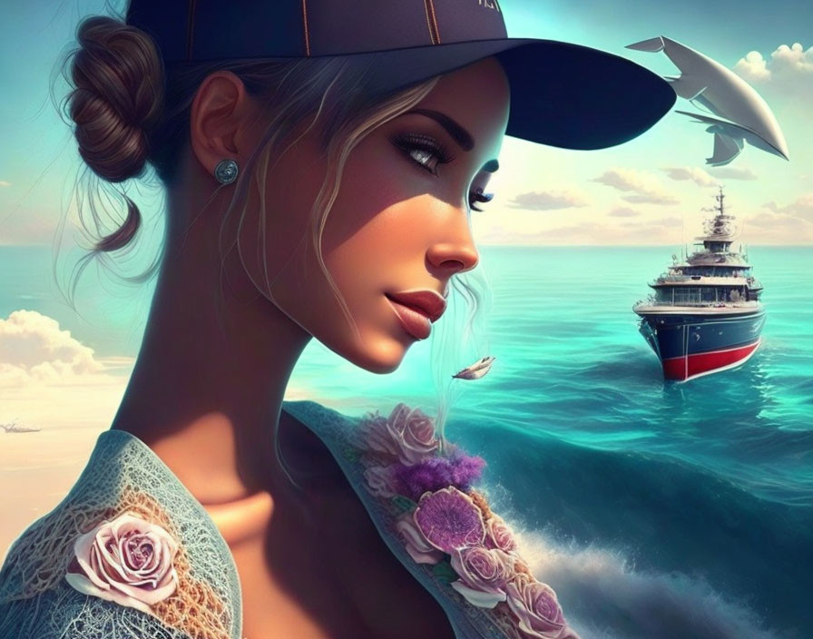 Stylized illustration of woman in cap by ocean with ship and flying fish