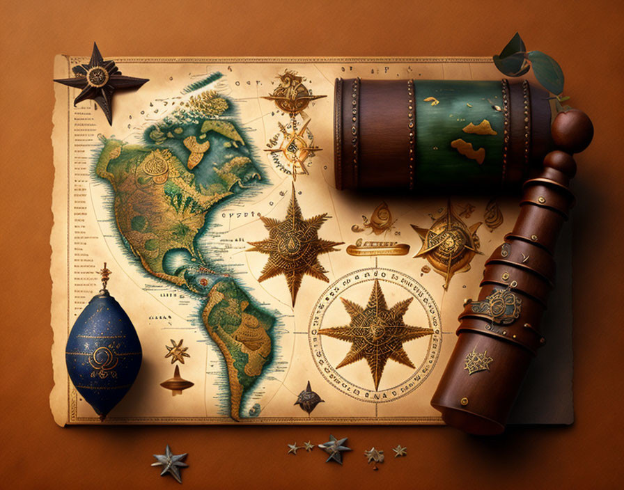 Vintage map illustration with compass roses, telescope, and curled edge on textured background.