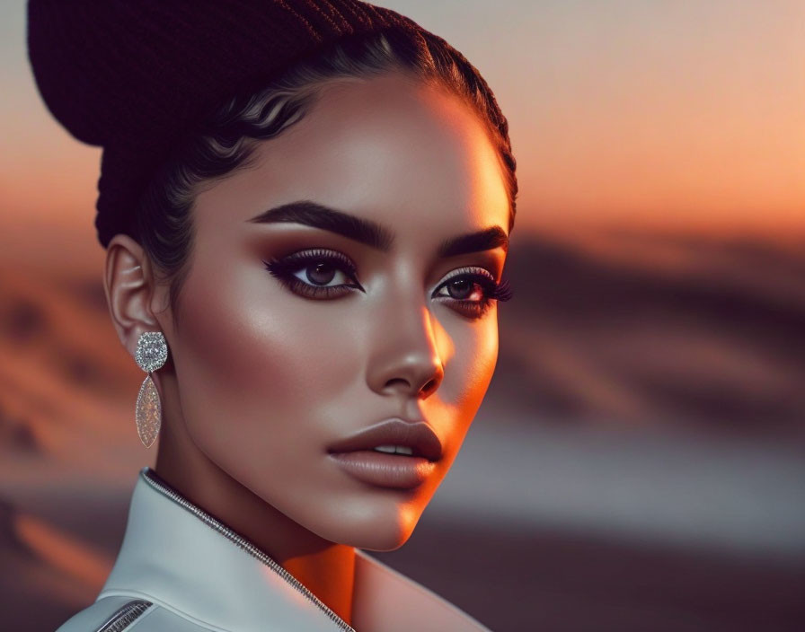 Detailed digital portrait of woman with striking makeup and intricate earrings against desert sunset backdrop