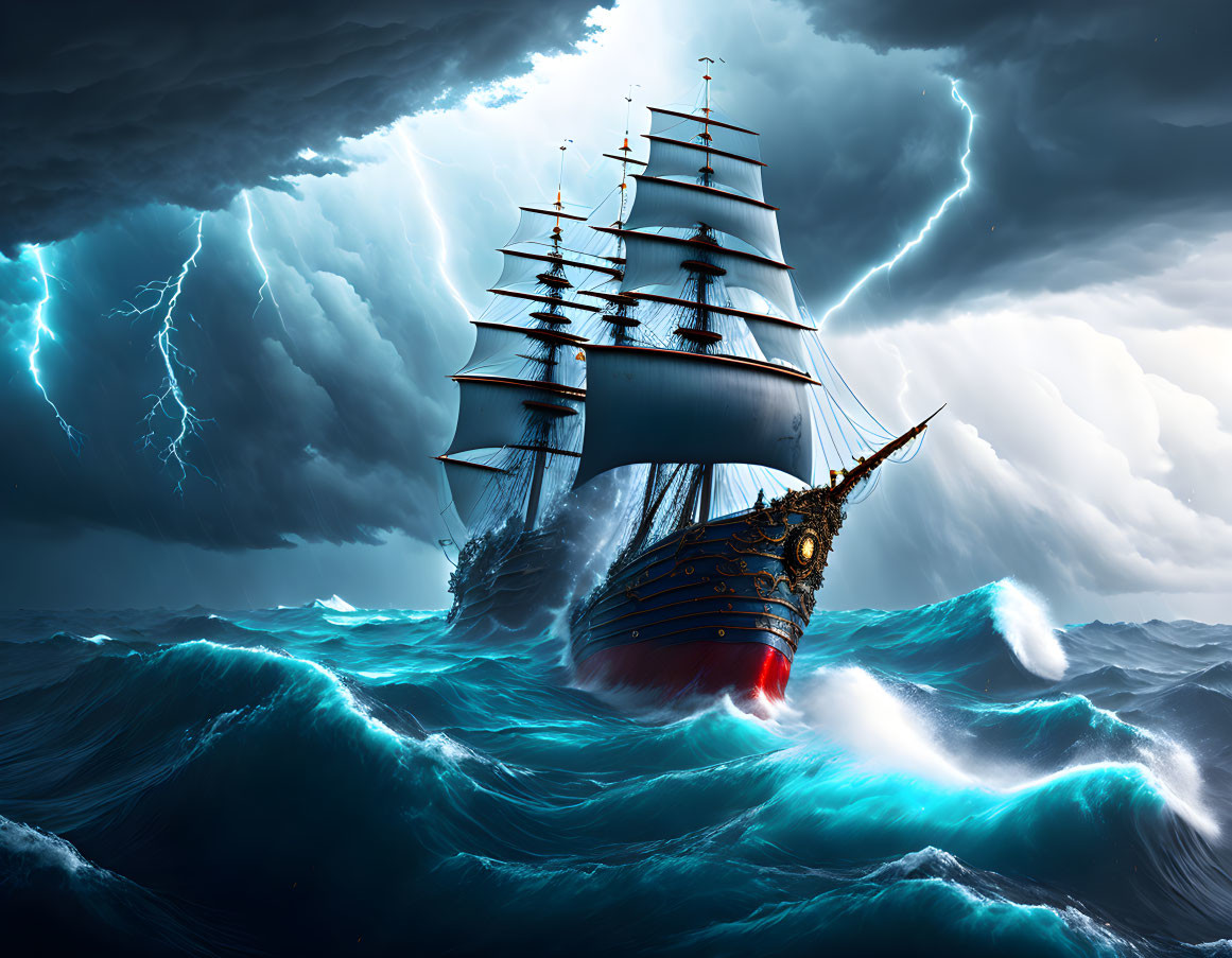 Tall Ship Sailing Through Stormy Seas and Lightning