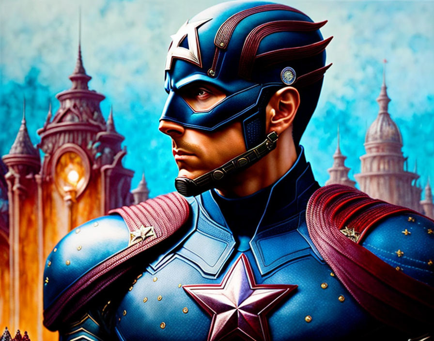 Superhero costume with star emblem, blue helmet, and castle backdrop.