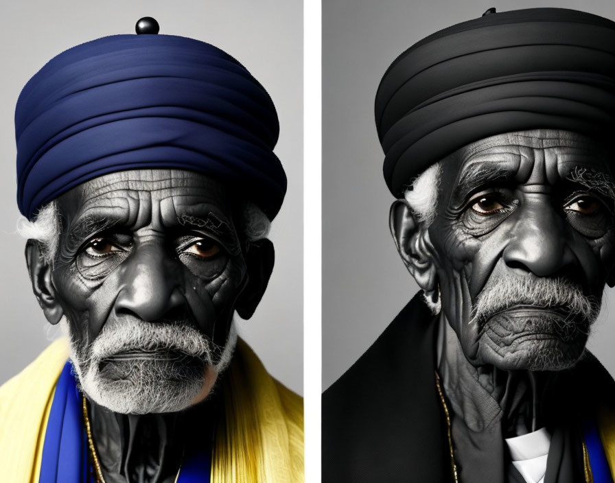 Elderly Man Portraits: Blue Turban & Yellow Garment, Black Hat & Dark Coat