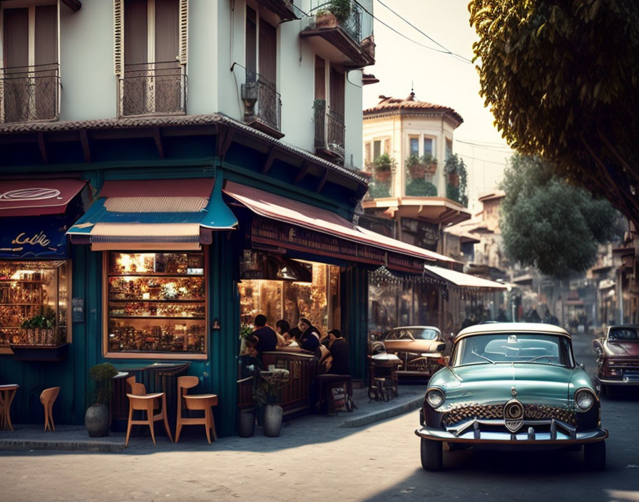 Vintage car parked on cobblestone street by cozy cafe in old-fashioned urban setting at dusk