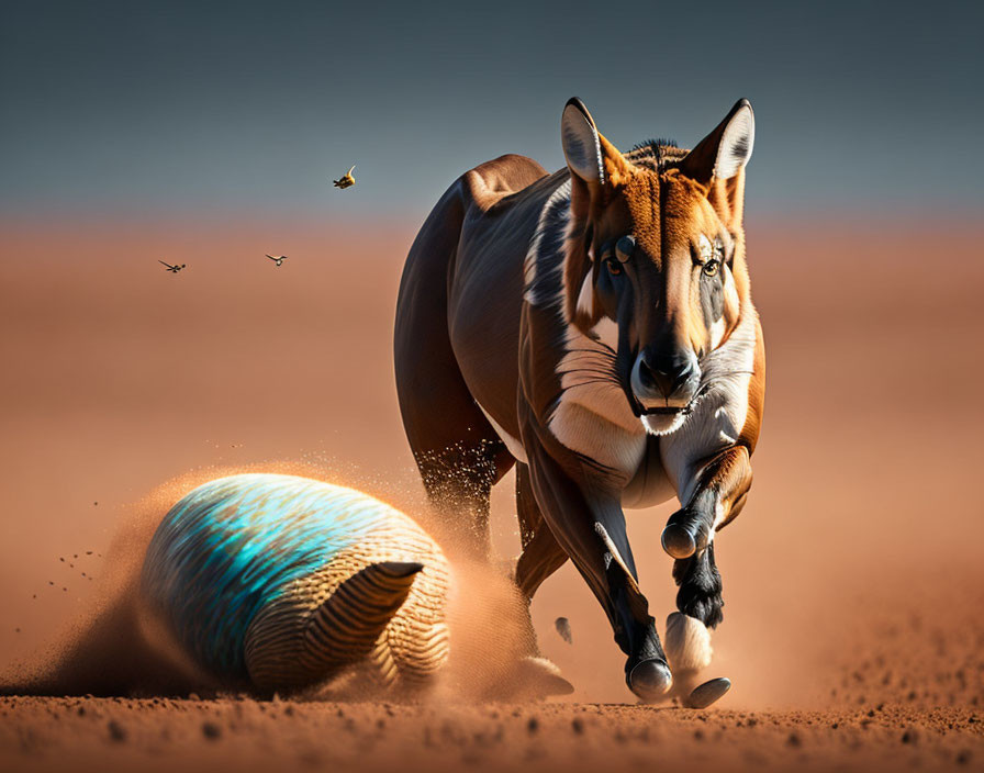 Surreal tiger with human-like eyes chasing ball in desert landscape