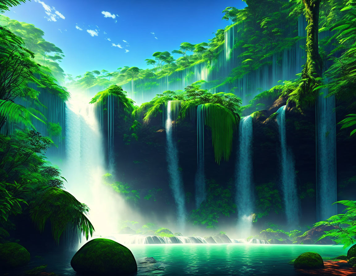 Tropical forest with cascading waterfalls, sun rays, blue water, and lush greenery