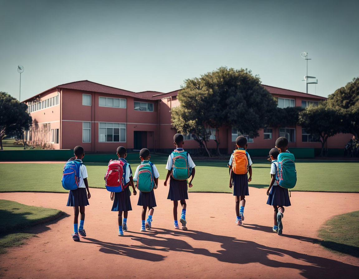 Schoolchildren with backpacks walking to school on a sunny day