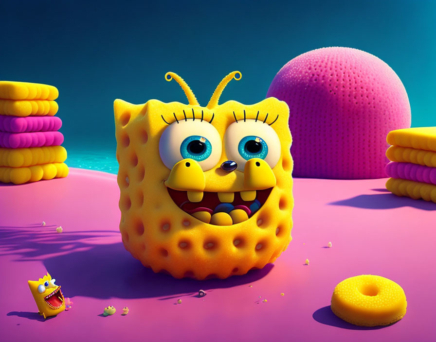 Colorful 3D SpongeBob SquarePants illustration on pink background