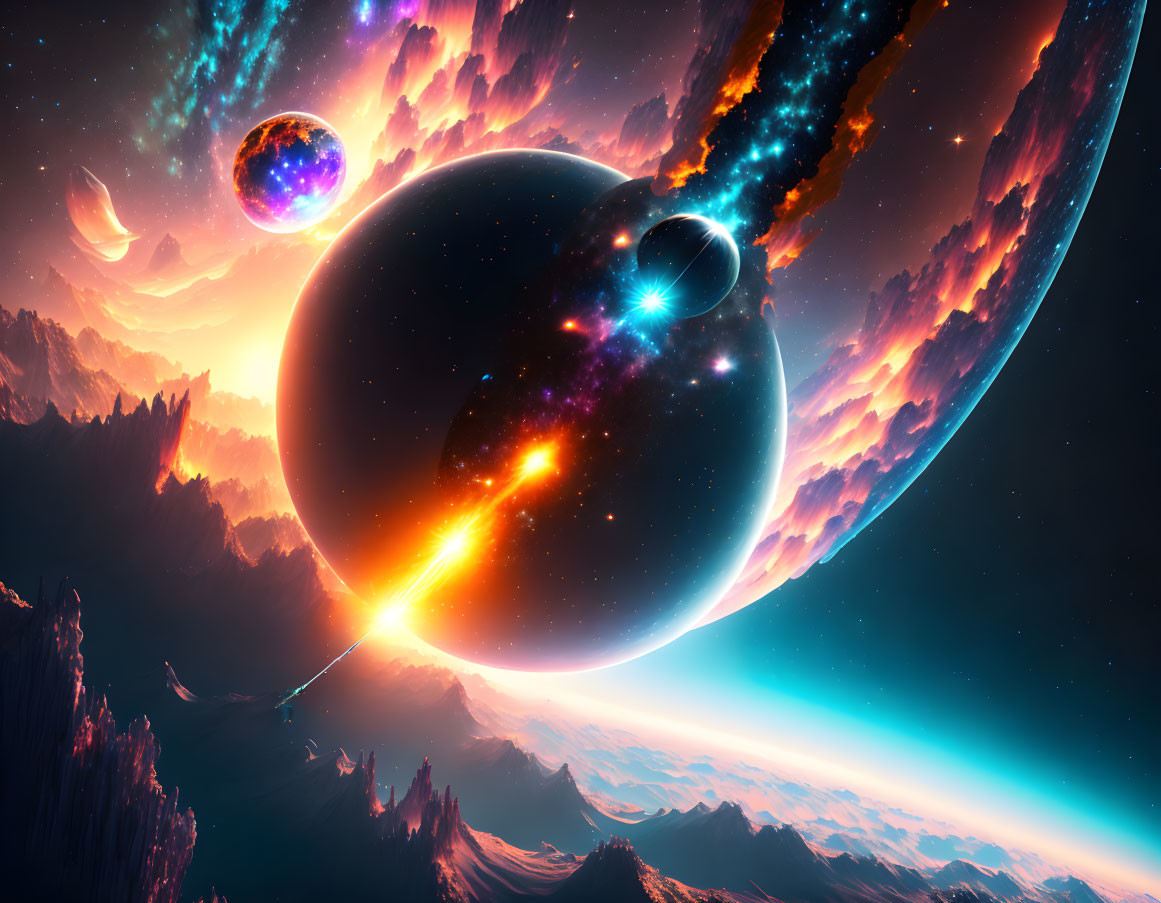 Colorful cosmic scene with planets, comet, and starry sky above alien landscape