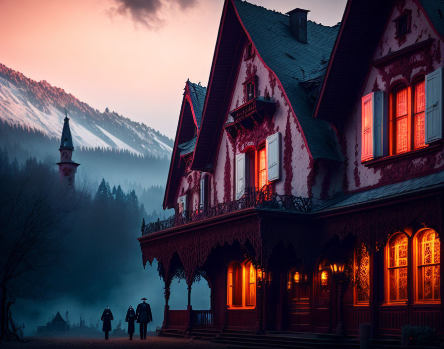 Victorian House at Dusk with Figures Walking and Mountain Background